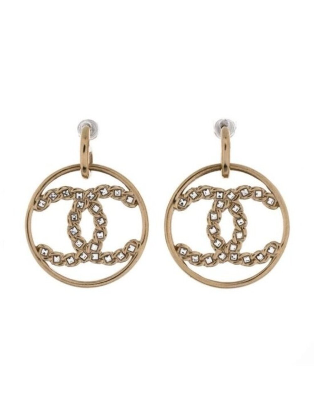 Chanel CC Golden Crystal Dangle Earrings In VGUC With Box & Bag